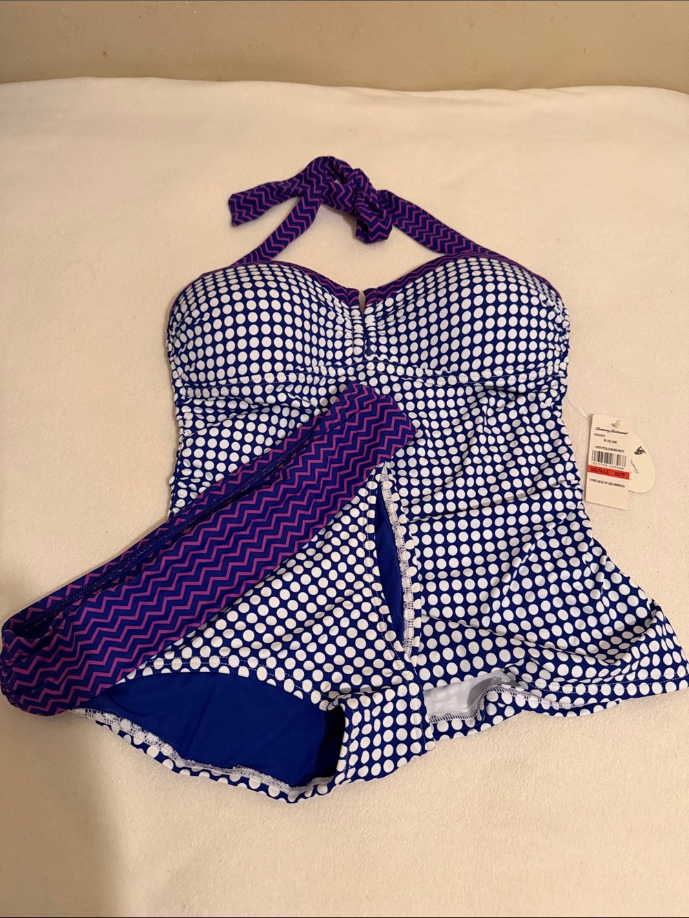 Tommy Bahama Navy and White Polka Dot two Pieces Swimsuit with Purple Trim